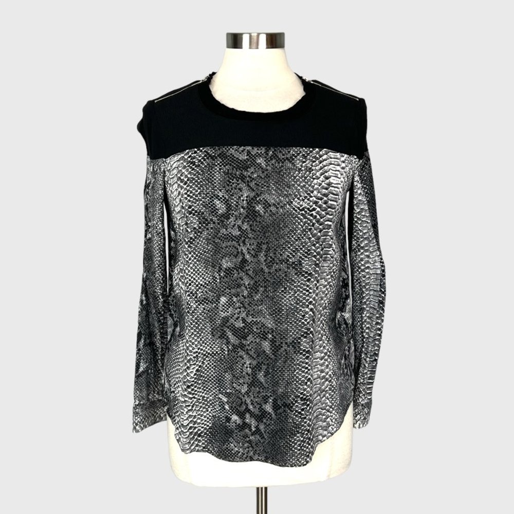 Rebecca Taylor Snake Print Zip Shoulder Long Sleeve Blouse Black Gray size 8